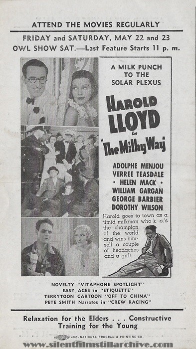 Highway Theater, Chicago, Illinois, program for May 17th, 1936 showing THE MILKY WAY (1936) with Harold Lloyd