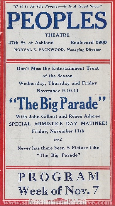 Peoples Theatre program, November 7, 1927, Chicago, Illinois