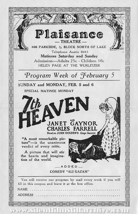 Plaisance Theatre program, February 5, 1928, Chicago, Illinois