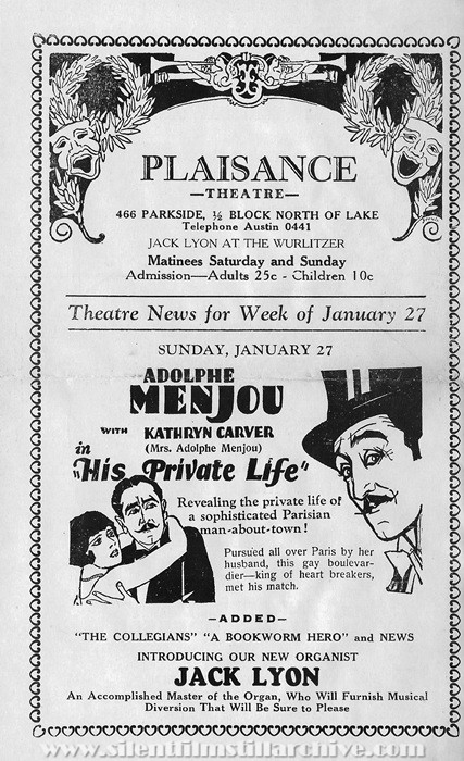 Plaisance Theatre program, January 27, 1929, Chicago, Illinois