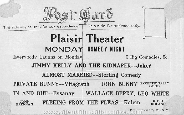 1914 advertising postcard for the Chicago Plaisir Theater