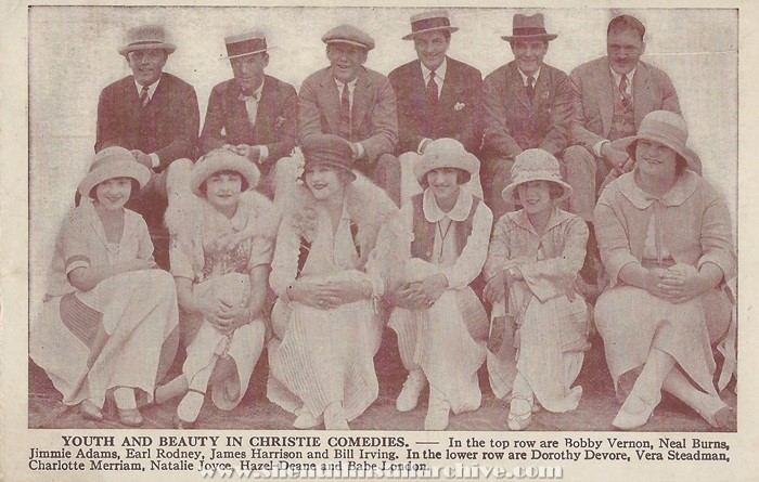 Christie studio postcard with Bobby Vernon, Neal Burns, Jimmie Adams, Earl Rodney, James Harrison, Bill Irving, Dorothy Devore, Vera Steadman, Charlotte Merriam, Natalie Joyce, Hazel Deane and Babe London