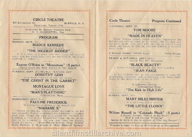 Circle Theatre, Buffalo, NY program