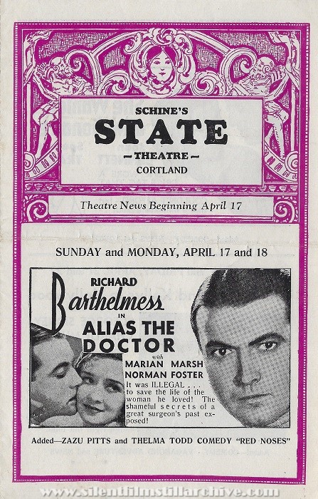 Schine's State Theatre program, April 17, 1932, Cortland, New York, featuring HOLLYWOOD PARTY