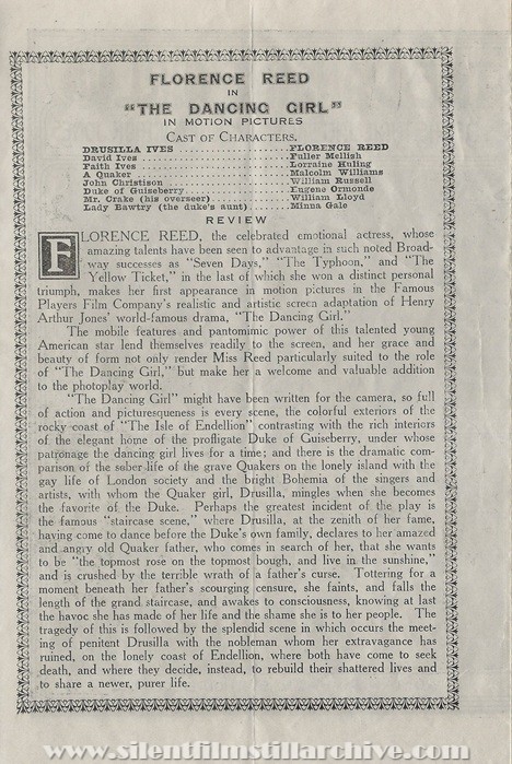 Herald for THE THE DANCING GIRL (1915) with Florence Reed