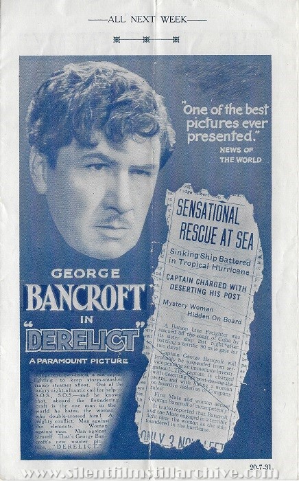 Capitol Theatre, Dublin, Ireland program featuring DERELICT (1930) with George Bancroft and Jesse Royce Landis