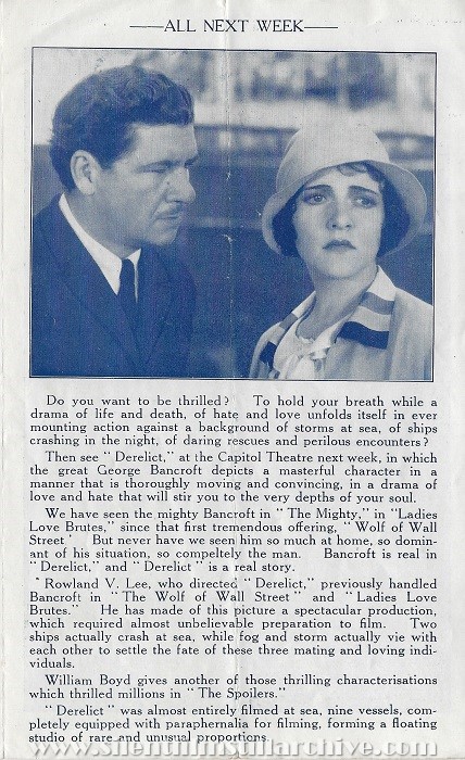 Capitol Theatre, Dublin, Ireland program featuring DERELICT (1930) with George Bancroft and Jesse Royce Landis