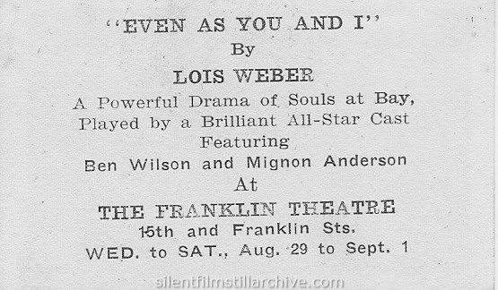 Franklin Theater advertising card for EVEN AS YOU AND I (1917)