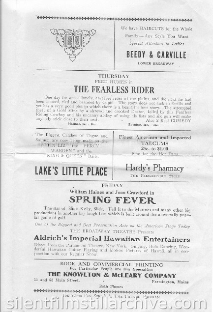 Farmington, Maine Broadway Theatre, July 23, 1928 program
