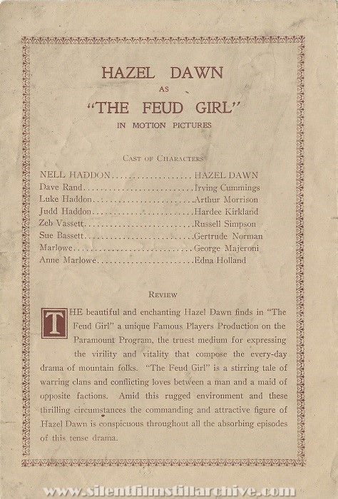Herald for THE FEUD GIRL (1916) with Hazel Dawn