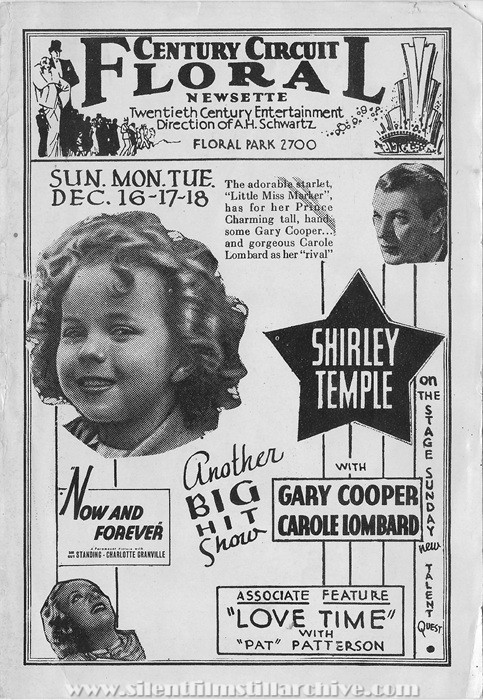 Floral Park, Delaware, Floral Theatre program for December 16, 1934 showing NOW AND
FOREVER (1934) with Shirley Temple