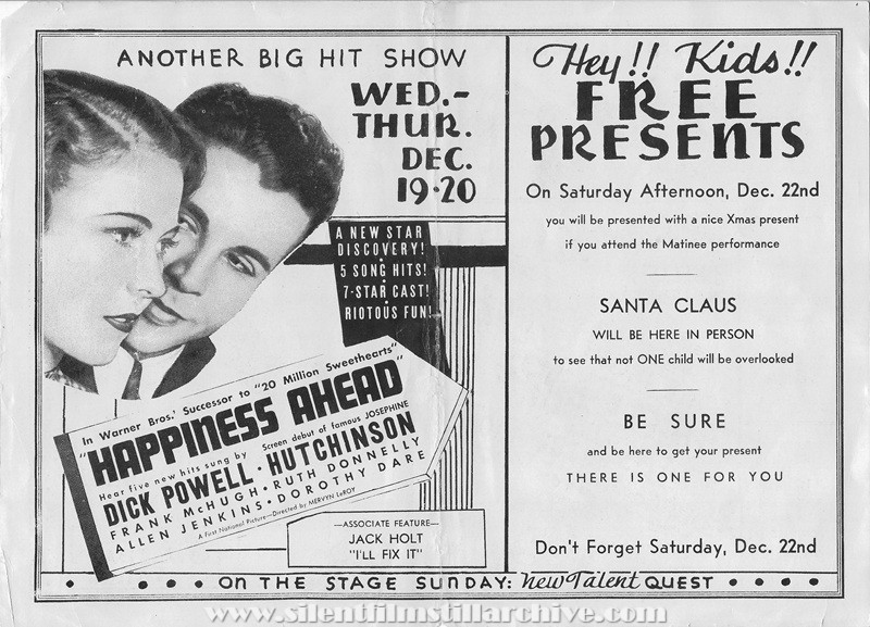 Floral Park, Delaware, Floral Theatre program for December 16, 1934 showing HAPPINESS
AHEAD (1934) with Dick Powell