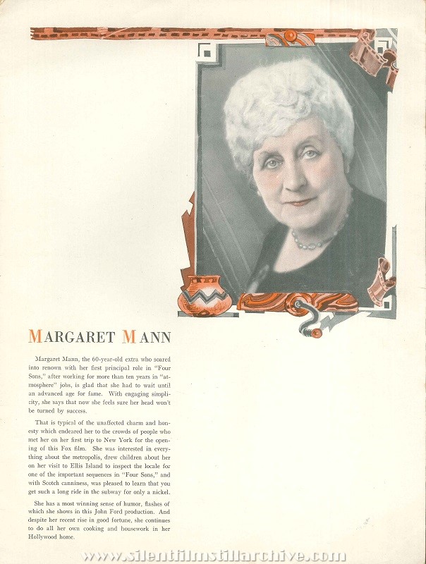 Movie program for FOUR SONS (1928) with with Margaret Mann