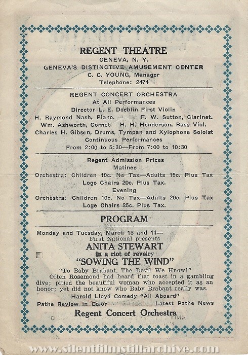 Geneva, New York, Regent Theatre program for March 13, 1922