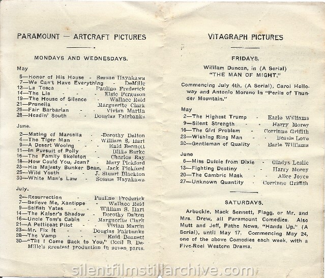 Central Theatre program, Goshen, New York, , May-July,1919