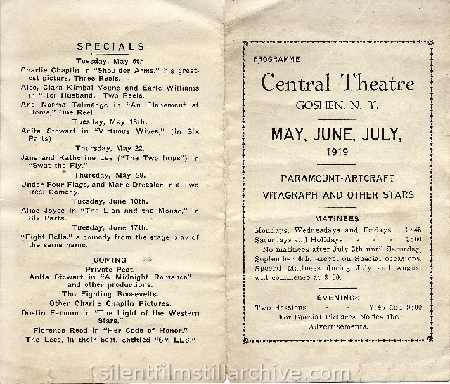 Central Theatre program, Goshen, New York, , May-July,1919