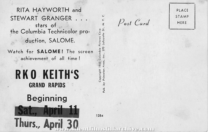 Postcard for SALOME (1953) at the Grand Rapids RKO Keith's Theater