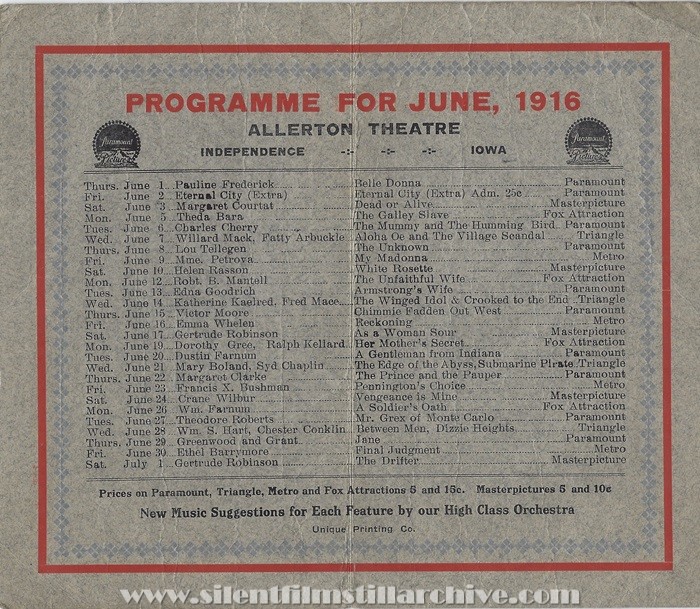 Program for the Allerton Theatre in Independence, Iowa, June 1916