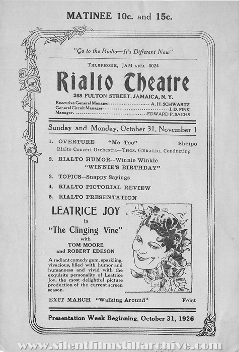 Jamaica, New York, Rialto Theatre program for October 31, 1926 showing THE CLINGING VINE (1926) with Leatrice Joy.