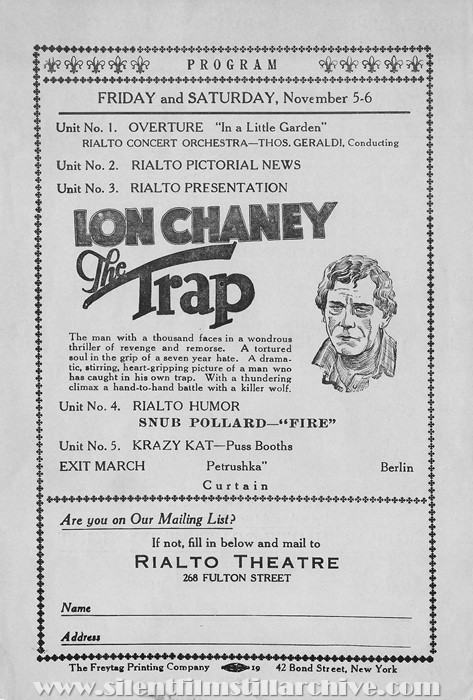 Jamaica, New York, Rialto Theatre program for October 31, 1926 showing THE TRAP (1922) with Lon Chaney, Sr.