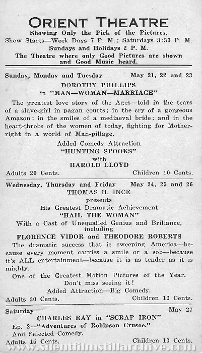 Orient Theatre program, May 21, 1922, Jersey City, New Jersey