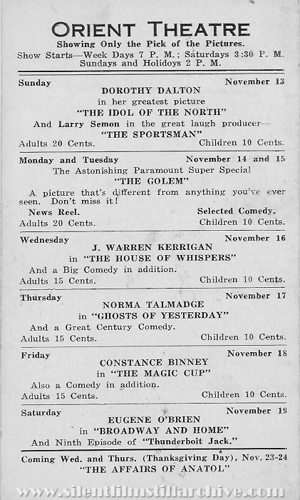 Oriental Theatre program, November 13, 1921, Jersey City, New Jersey
