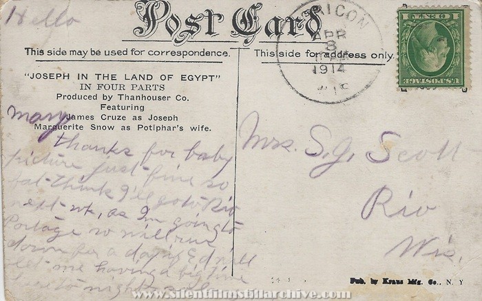 Postcard for JOSEPH IN THE LAND OF EGYPT (1914) showing at the Mutual Theatre in Hilbert, Wisconsin
