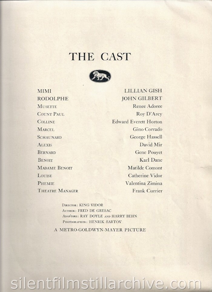LA BOHEME (1926) Theater program with Lillian Gish and John Gilbert