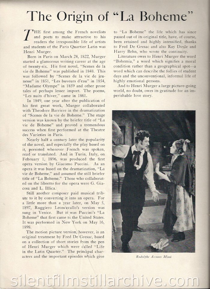 LA BOHEME (1926) Theater program with Lillian Gish and John Gilbert