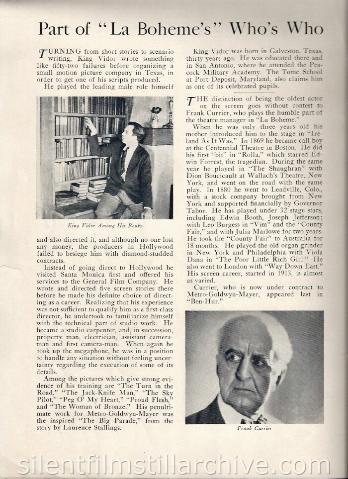 LA BOHEME (1926) Theater program with King Vidor and Frank Currier