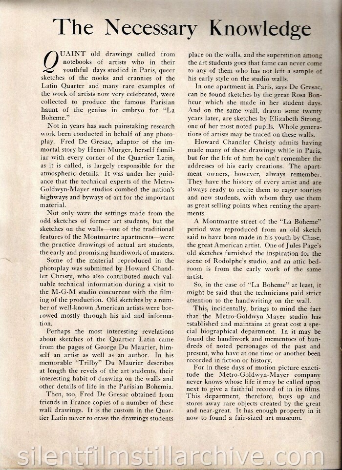 LA BOHEME (1926) Theater program 