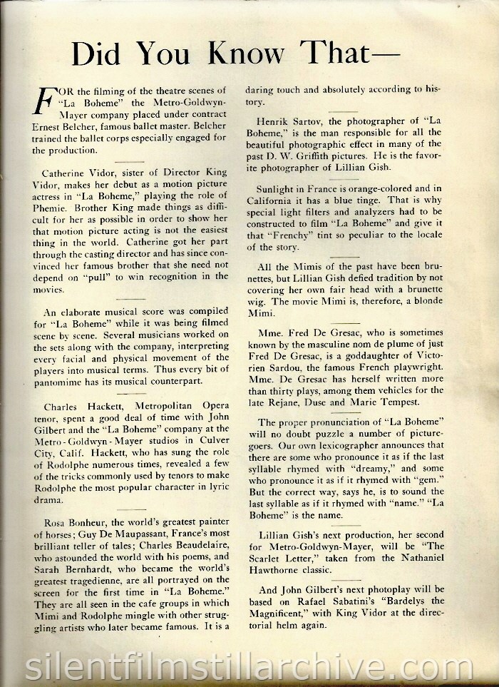 LA BOHEME (1926) Theater program 