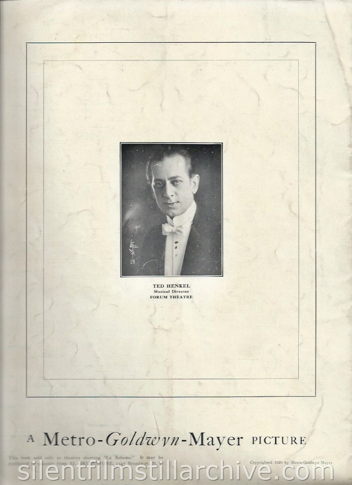 LA BOHEME (1926) Theater program with Ted Henkel, Musical Director of the Forum Theatre in Los Angeles
