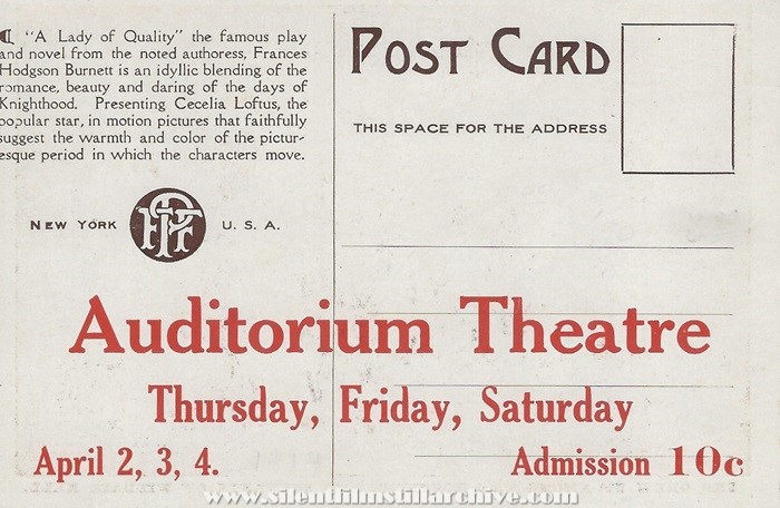Postcard for A LADY OF QUALITY (1913) with Cecilia Loftus