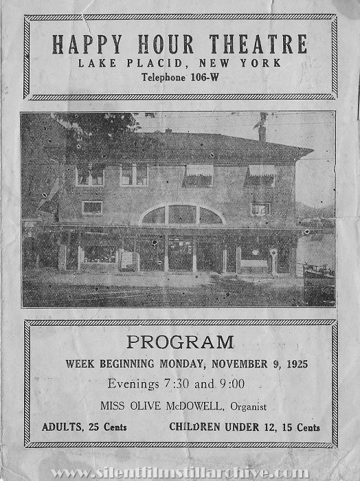 Lake Placid, New York, Happy Hour Theatre program from November 9, 1925