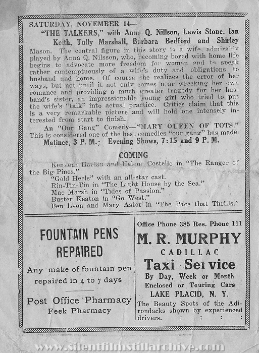 Lake Placid, New York, Happy Hour Theatre program from November 9, 1925