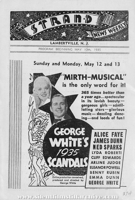 The Strand, Lambertville, New Jersey, Theatre program, May 12th, 1935 showing GEORGE WHITE'S 1935 SCANDALS