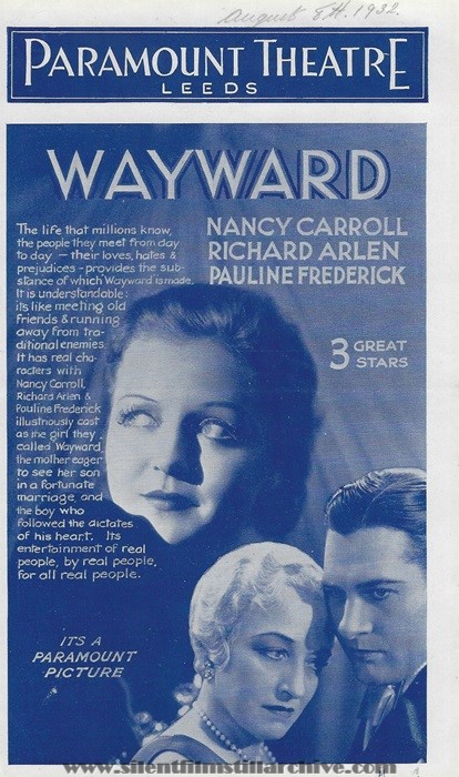 Paramount Theatre, Leeds, England, UK program featuring WAYWORD (1932) with Nancy Carroll and Richard Arlen