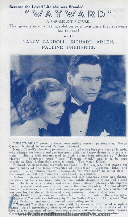Paramount Theatre, Leeds, England, UK program featuring WAYWORD (1932) with Nancy Carroll and Richard Arlenoardman