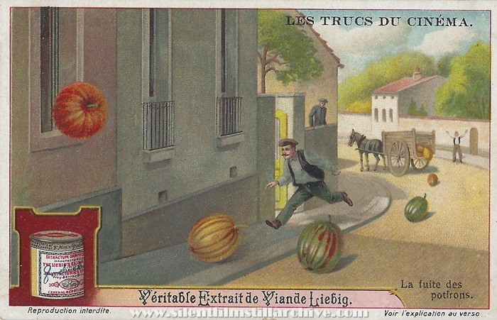 Liebig Tricks of Cinema advertising card for LA COURSE AUX POTIRONS [The Pumpkin Race] (1908)