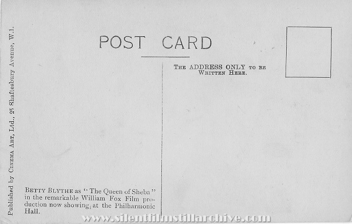 Postcard for THE QUEEN OF SHEBA (1921) at the London Philharmonic Hall