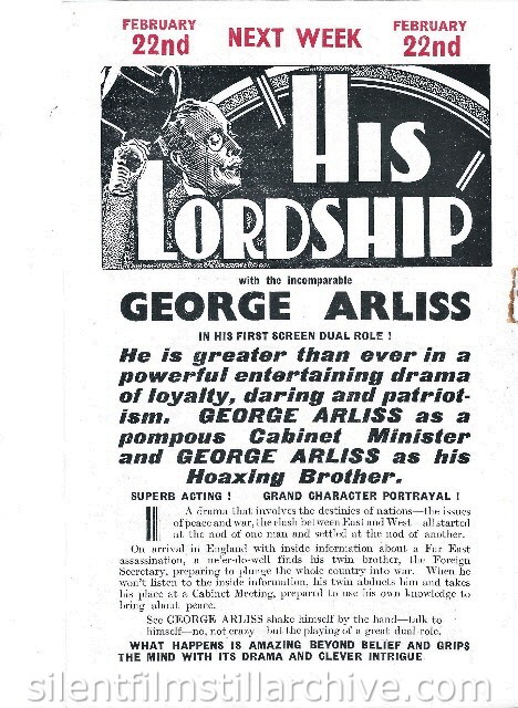 London Stoll Picture Theatre Kingsway, February 15th, 1937 program for HIS LORDSHIP (1936) with George Arliss [A MAN OF AFFAIRS (1936)]