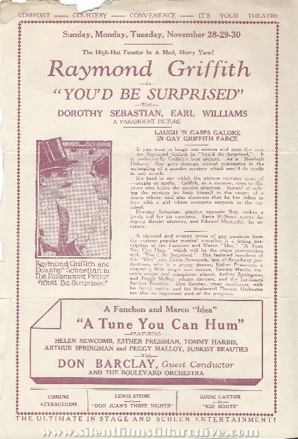 Los Angeles Boulevard Theatre program featuring YOU'D BE SURPRISED with Raymond Griffith and Dorothy Sebastian
