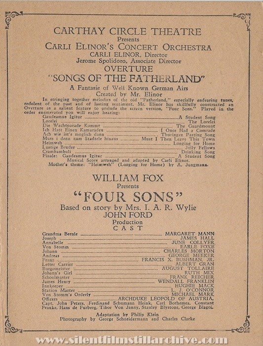 Los Angeles, California, Carthay Circle Theatre program for 1928 showing FOUR SONS (1928) with Margaret Mann and James Hall