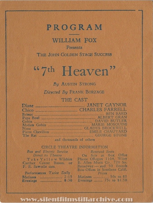 Los Angeles, California, Carthay Circle Theatre program for November 1927 showing SEVENTH HEAVEN (1928) with Janet Gaynor and Charles Farrell