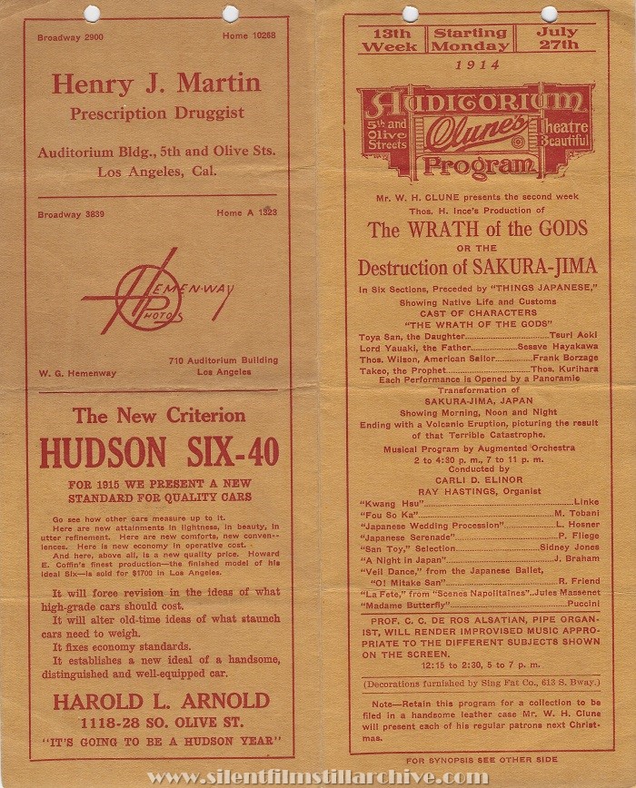 Los Angeles Clune's Auditorium program for July 27th, 1914 showing THE WRATH OF THE GODS (1914)