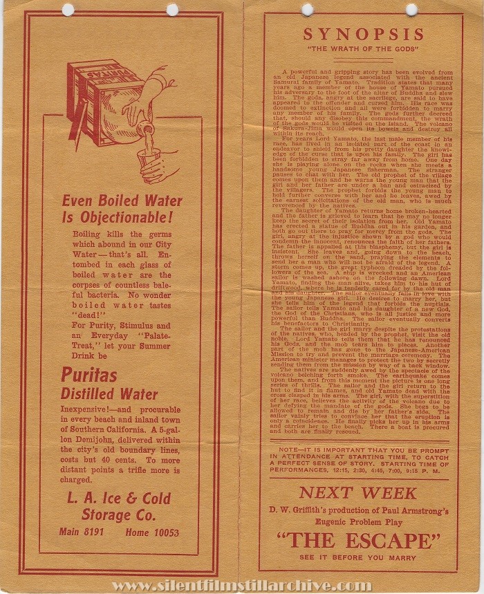 Los Angeles Clune's Auditorium program for July 27th, 1914 showing THE WRATH OF THE GODS (1914)