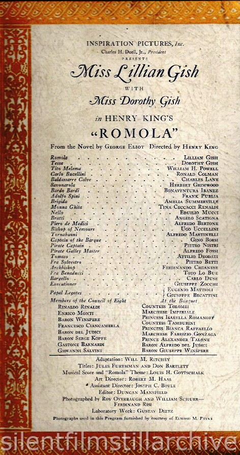 ROMOLA (1924) program from the premier at Grauman's Egyptian Theater in Los Angeles