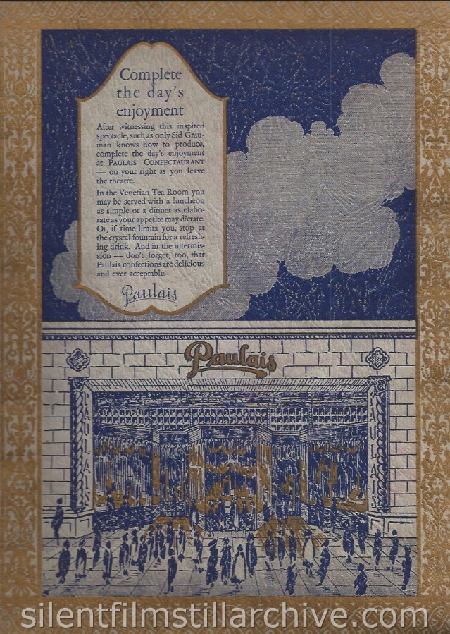 Paulais Confectaurant advertisement in the ROMOLA (1924) program from the premier at Grauman's Egyptian Theater in Los Angeles