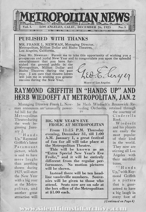 Metropolitan Theatre, movie program, December 26, 1925, Los Angeles, California